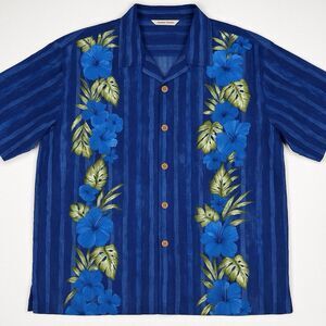 Tommy Bahama Hawaiian Silk Shirt Mens XL Blue Floral Short Sleeve Vacation Cruis